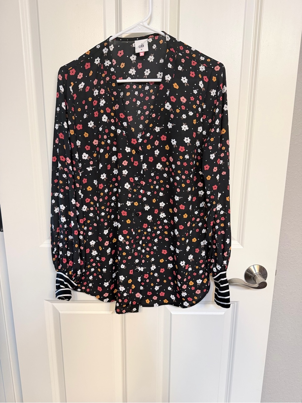 CAbi Black Floral V-Neck Long Sleeve Blouse with Stripe Cuffs